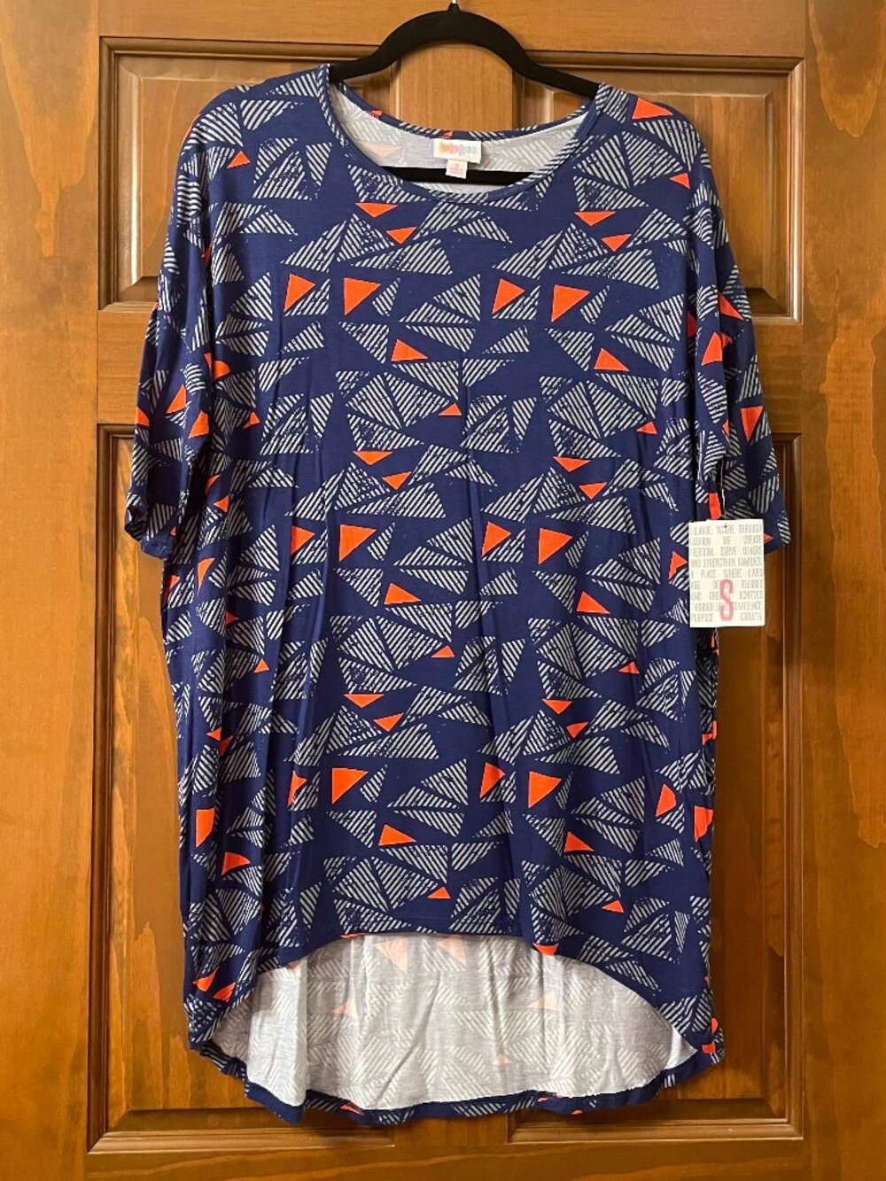 NWT LuLaRoe Irma Tunic - Navy Blue with pink and fractured grey triangles